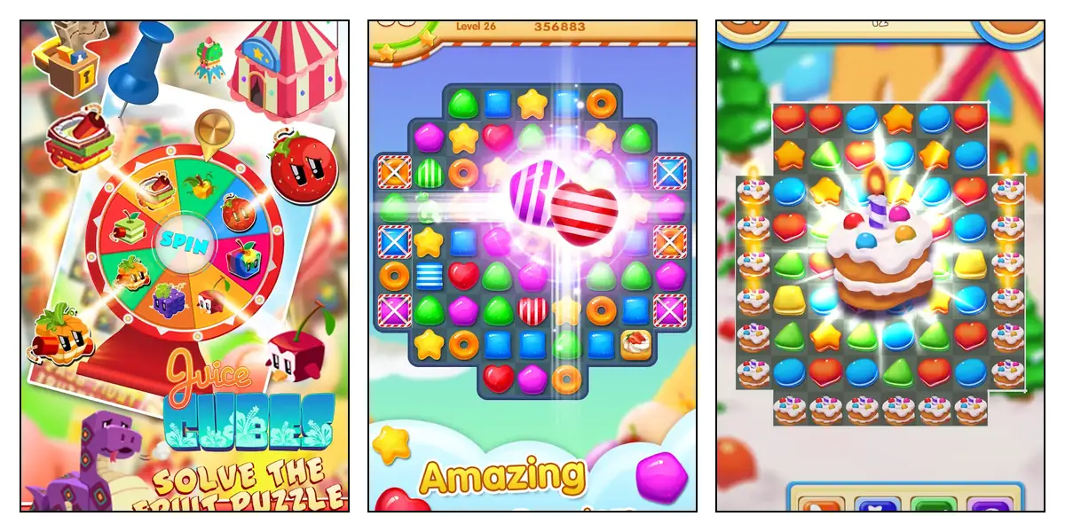 Screens from Juice cube, Magic Candy and Cookie Macaron Pop reviewed side by side